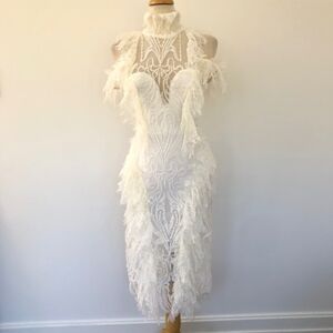 L'ATISTE lace off the shoulder fitted midi dress